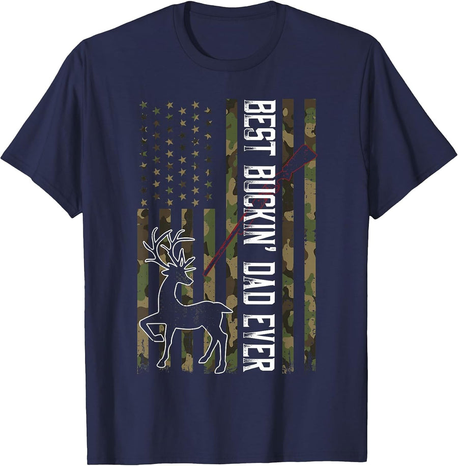 Best Buckin' Dad Ever Shirt Camo Deer Hunting Bucking T-Shirt - Navy Blue