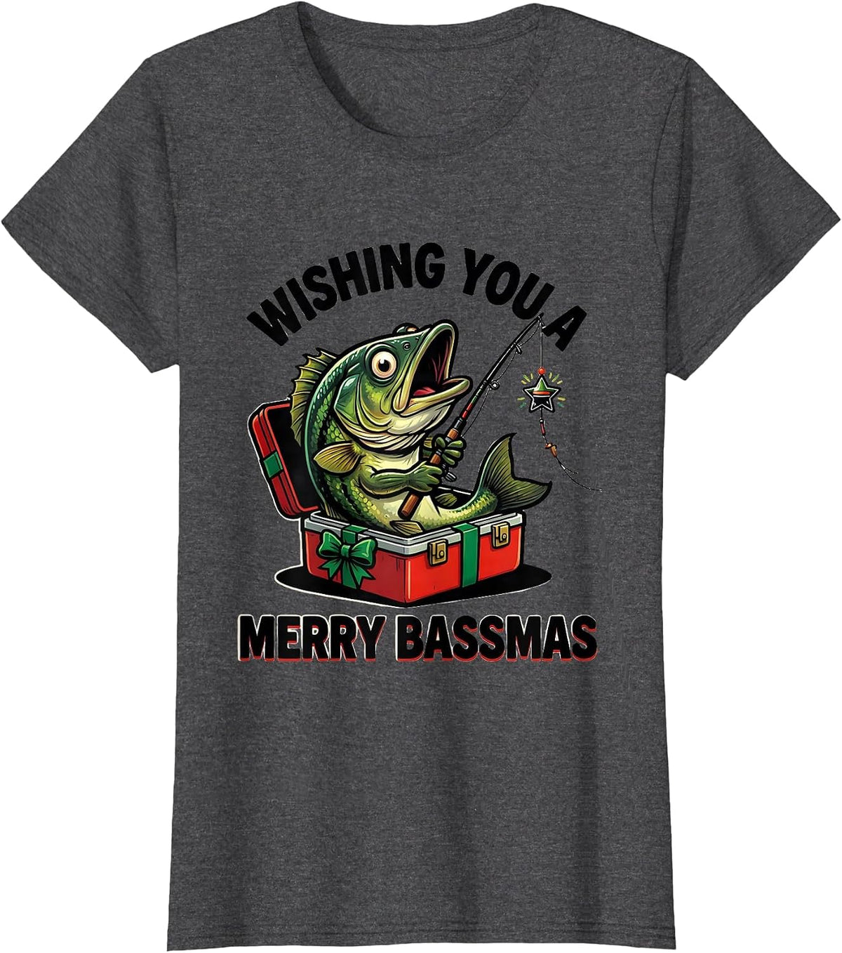 Women's Wishing You a Merry Bassmas Funny Cartoon Christmas Fishing T-Shirt - Dark Heather Grey
