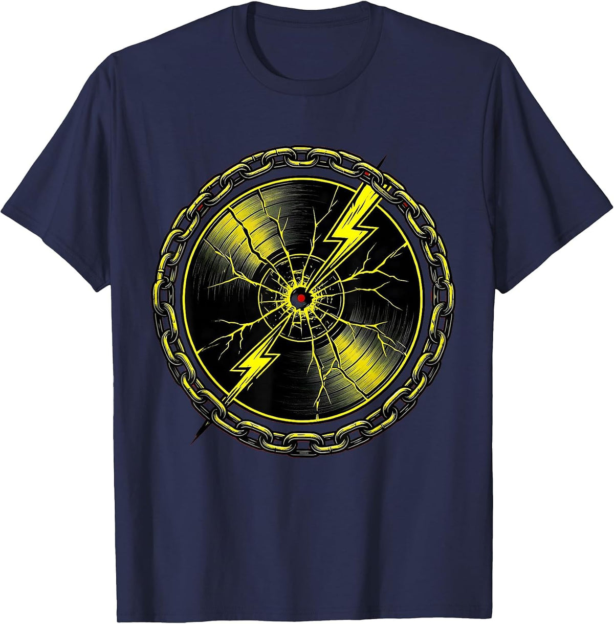 Cracked Vinyl Record Lightning Rock Band Graphic T-Shirt - Navy Blue