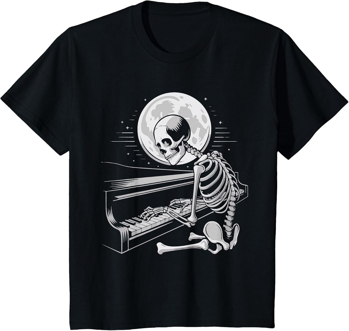 Skeleton Playing Piano Moon Halloween Pianist T-Shirt - Black
