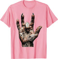 Men's Vintage Rock Devil Horns Hand Sign Illustration T-Shirt - Pink