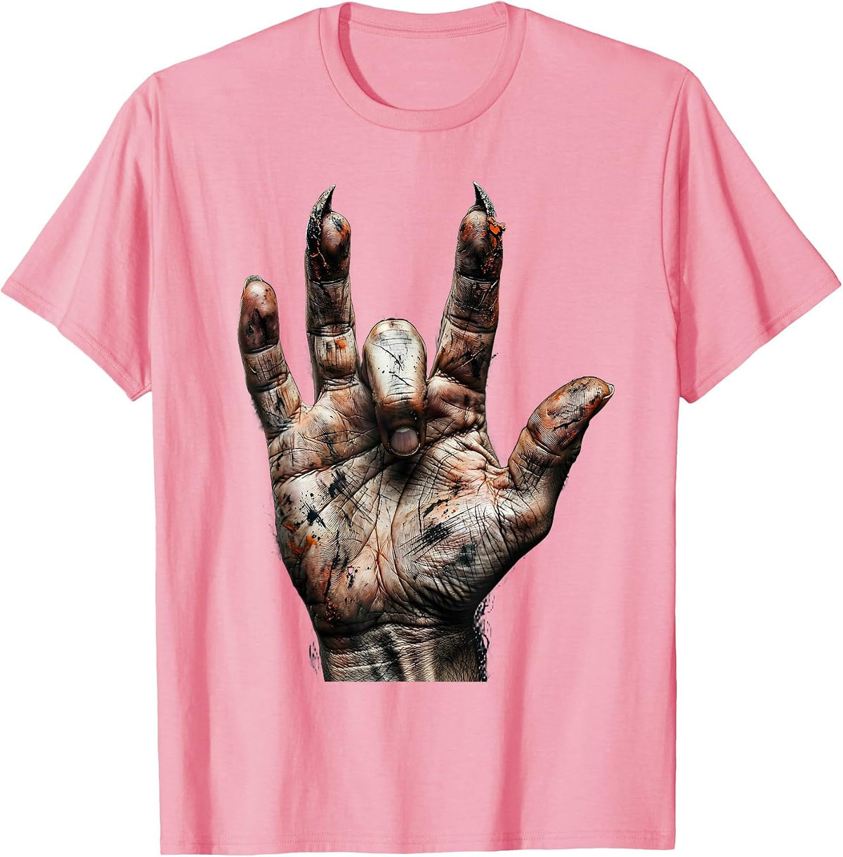 Men's Vintage Rock Devil Horns Hand Sign Illustration T-Shirt - Pink