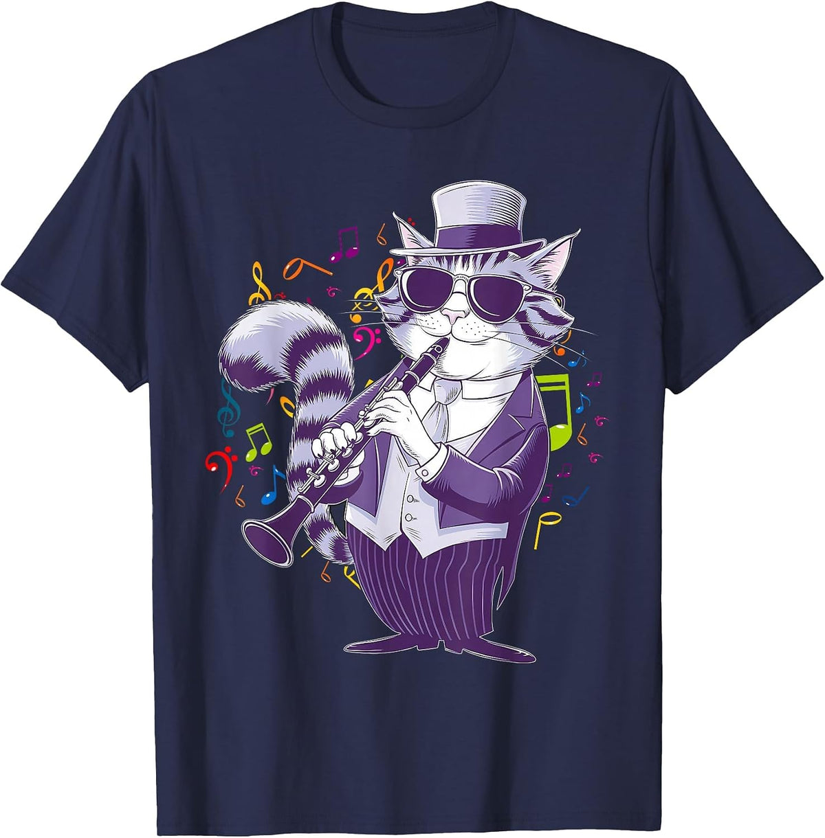 Cat Playing The Clarinet Music Graphic Tees for Men Women T-Shirt - Navy Blue