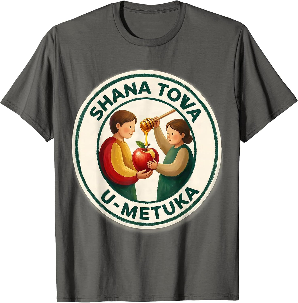Men's Shana Tova U'Metuka Storybook Rosh Hashanah Apple Honey Pun T-Shirt - Asphalt Grey