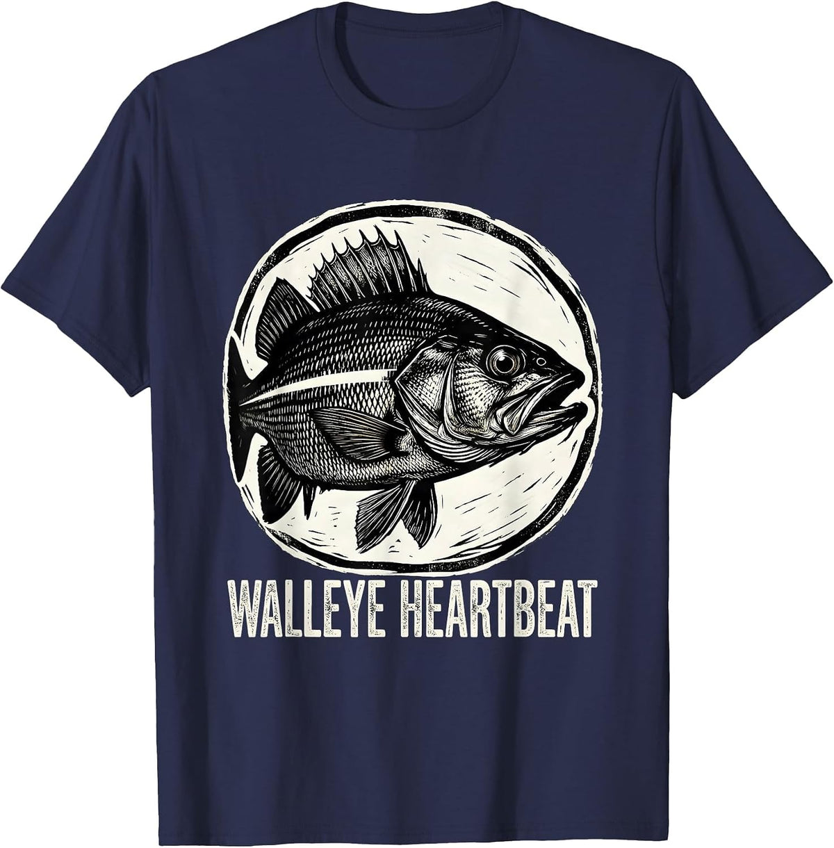 Walleye Heartbeat Woodcut Engraving Freshwater Fish Angler T-Shirt - Navy Blue