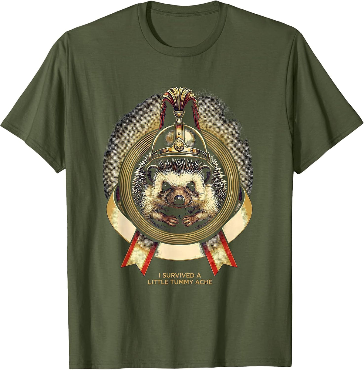 Men's I Survived A Little Tummy Ache Funny Hedgehog Meme Humor T-Shirt - Olive Green