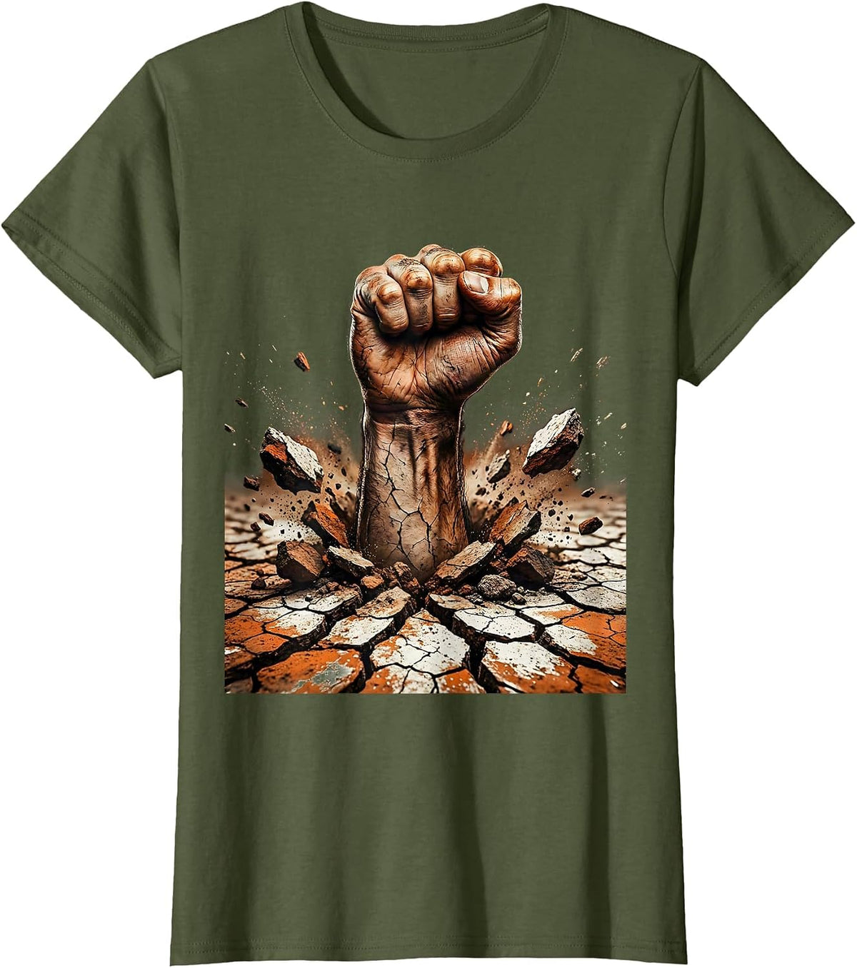 Women's Hand Bursting Through Cracked Earth Graphic T-Shirt - Olive Green