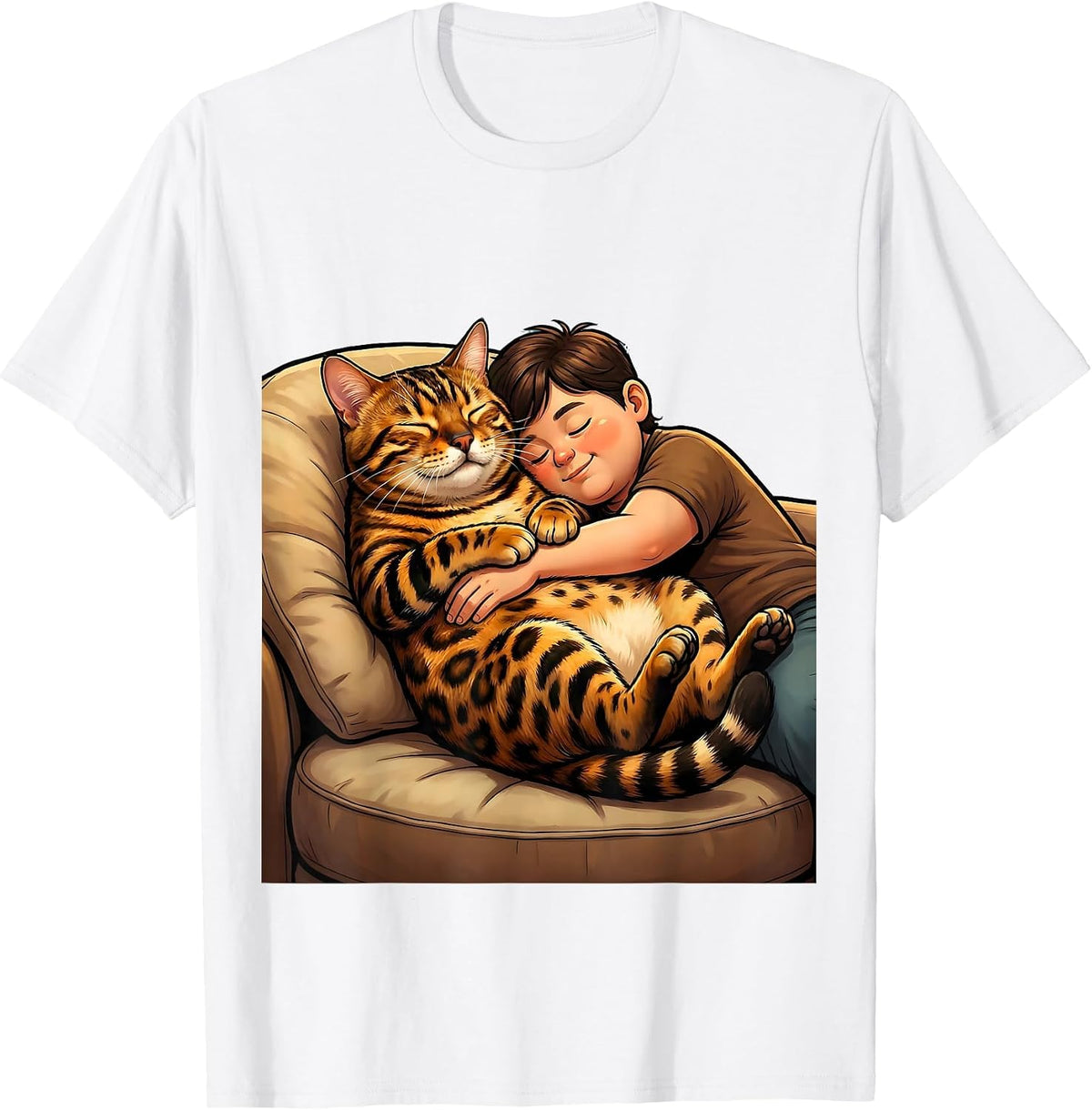 Men's Bengal Cat Napping With Owner Cozy Couch Scene T-Shirt - White