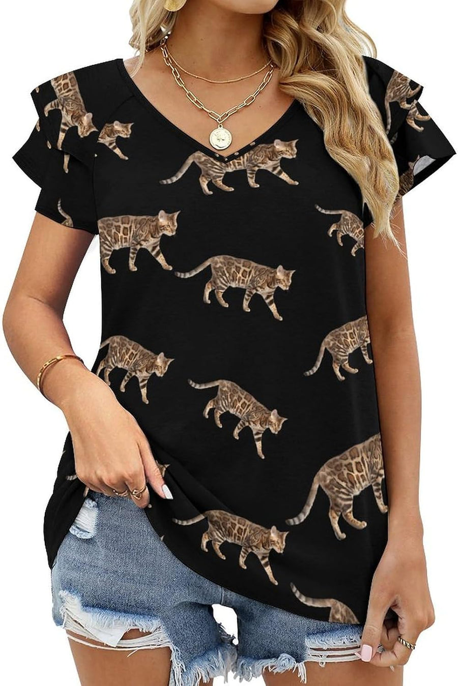 Bengal Cat T Shirts for Women Cute Summer Tops Ruffles Sleeve V Neck Blouses - As Pictured