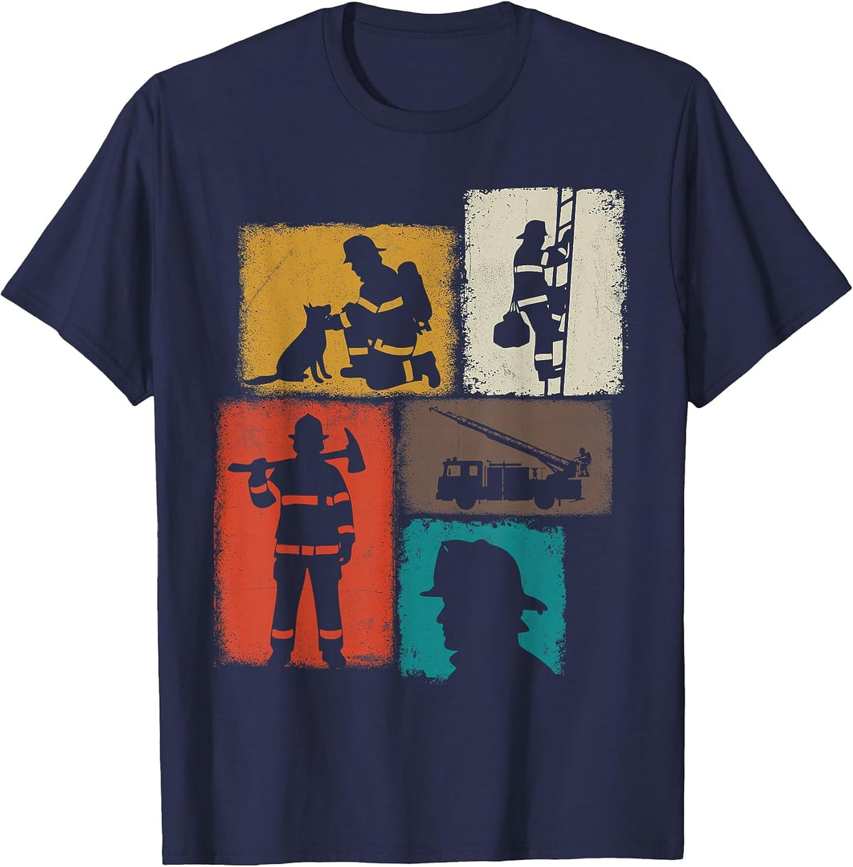 Firefighter Vintage Collage Fireman Men Hero T-Shirt - Navy Blue