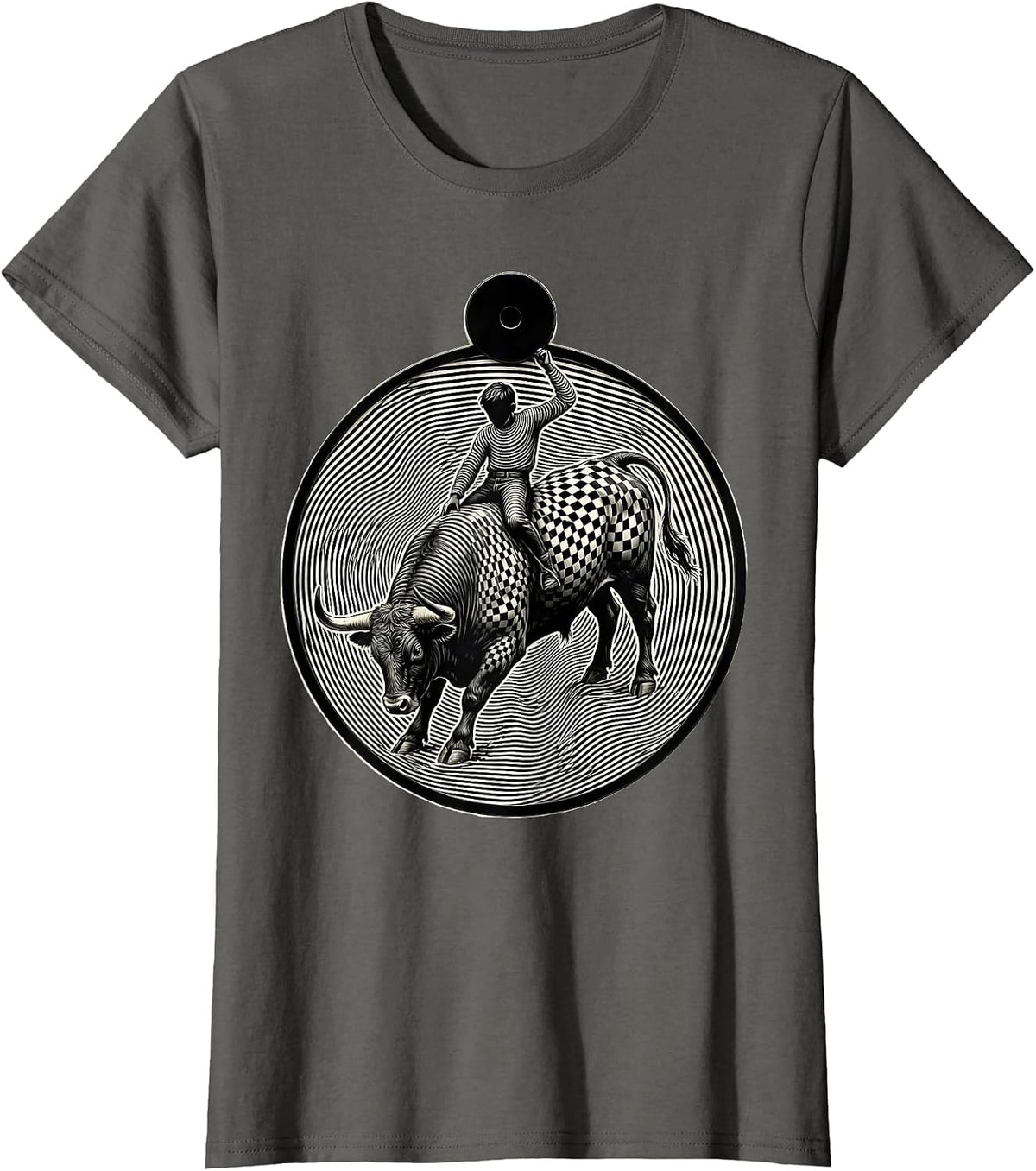 Women's Dot Boys Round Head Boy Bull Riding Rodeo T-Shirt - Asphalt Grey