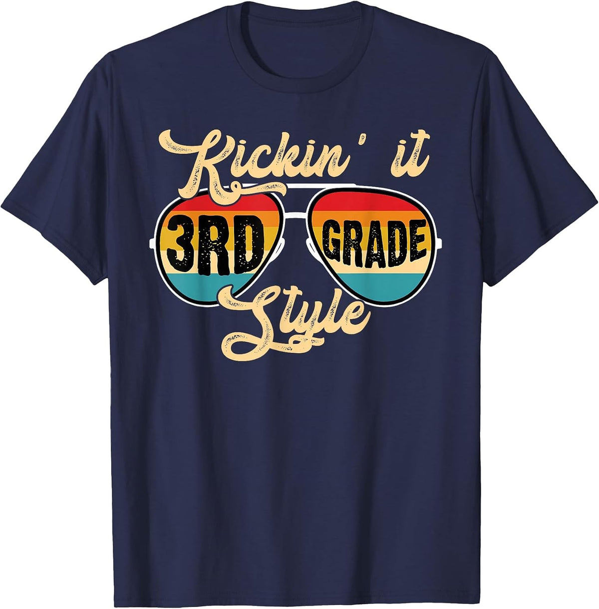 Retro Kickin It 3rd Grade Style Teacher Back to School T-Shirt - Navy Blue