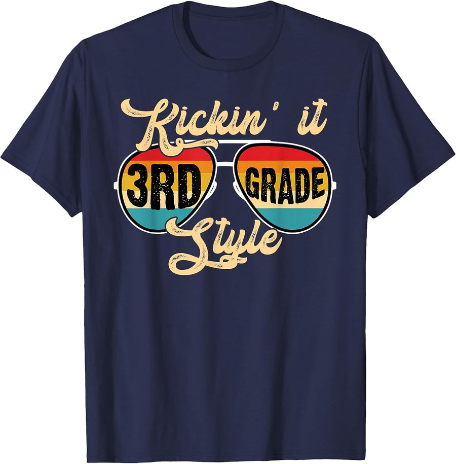 Retro Kickin It 3rd Grade Style Teacher Back to School T-Shirt - Navy Blue