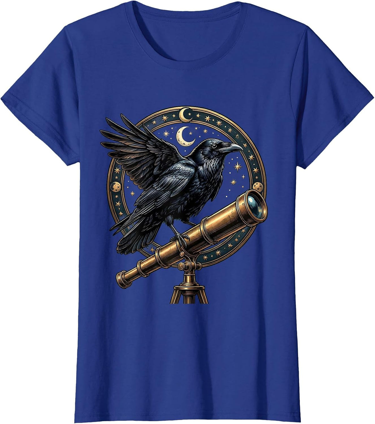 Women's Crow Perched on Telescope Astronomy Illustration T-Shirt - Royal Blue