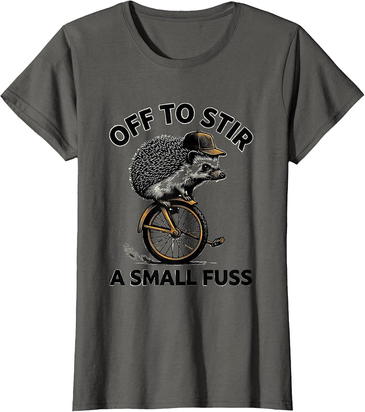 Women's Off To Stir A Small Fuss Scratchboard Hedgehog Whimsical T-Shirt - Asphalt Grey