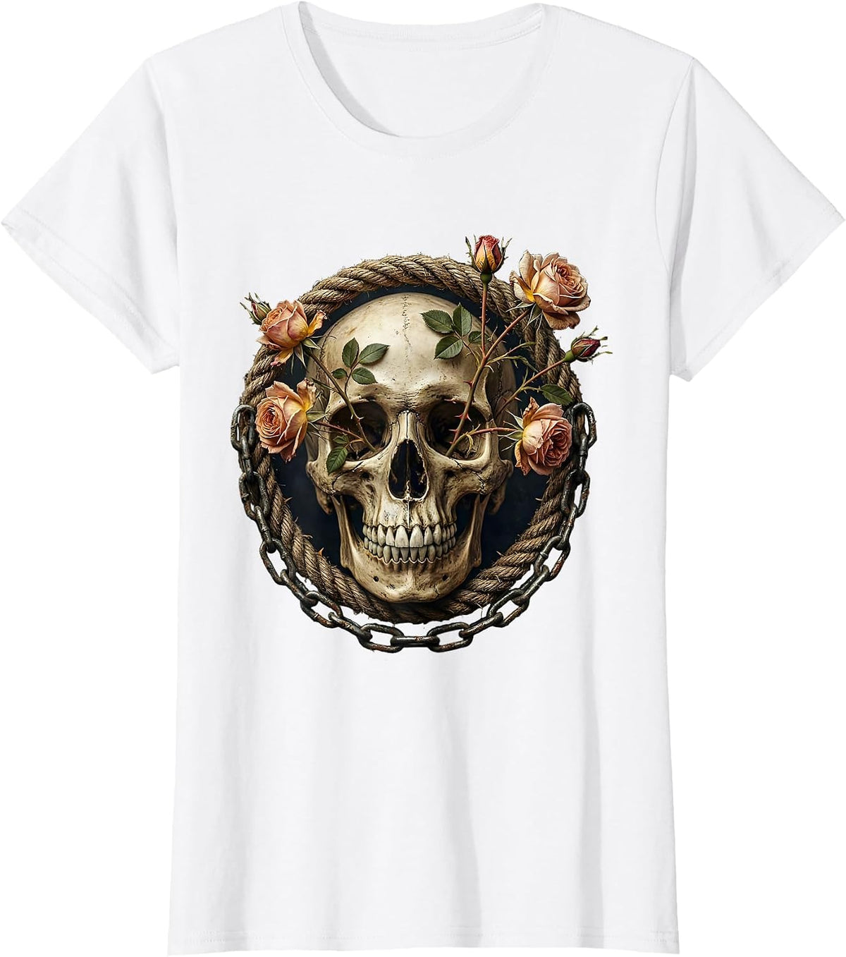 Skull and Wild Roses Through Eye Graphic T-Shirt - White