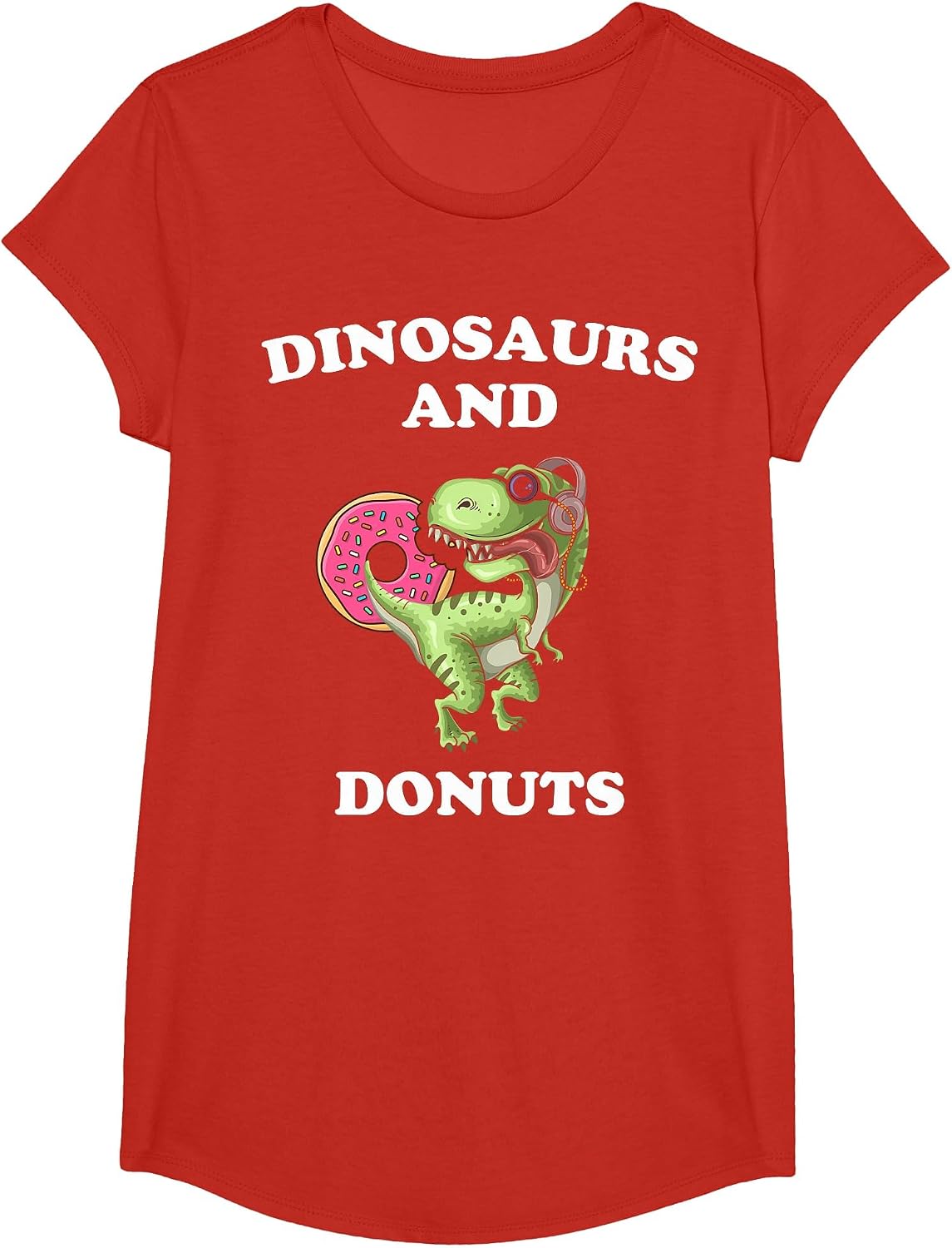 Dinosaur Donut Lover Cute Funny Dinosaurs and Donut Theme T-Shirt - Girls Red