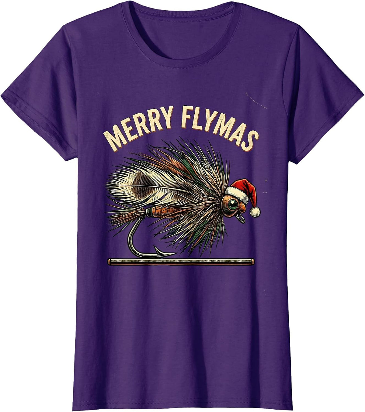 Women's Merry Flymas Vintage Fishing Fly Christmas Humor Ugly T-Shirt - Purple