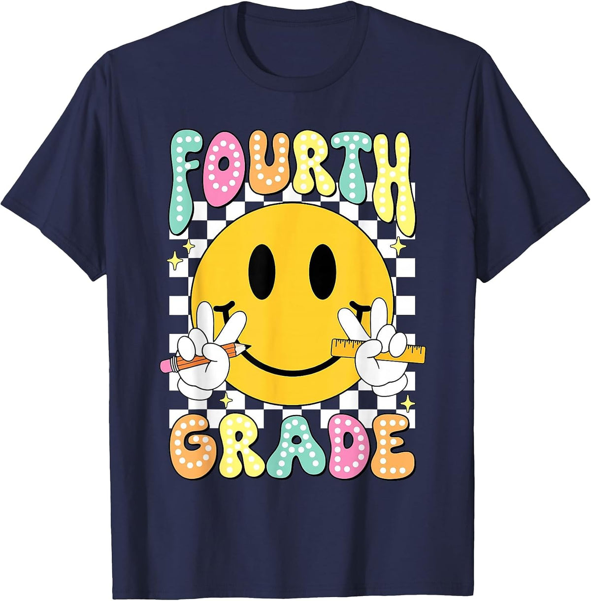Hello Fourth Grade Smile Face Back to School Girls 4th Grade T-Shirt - Navy Blue