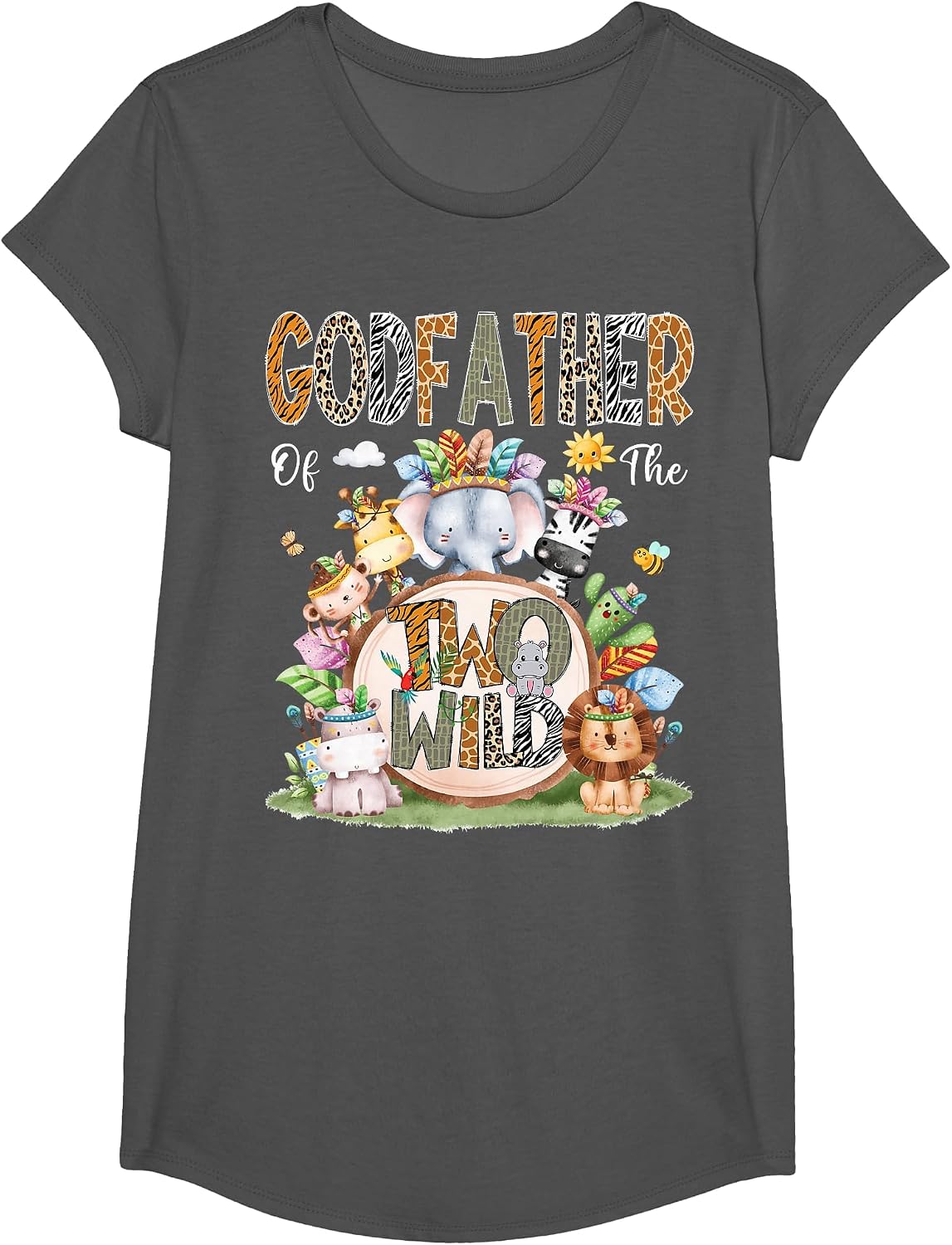 Godfather of The Two Wild 2Nd Birthday Animal Safari Tribal T-Shirt - Girls Asphalt Grey