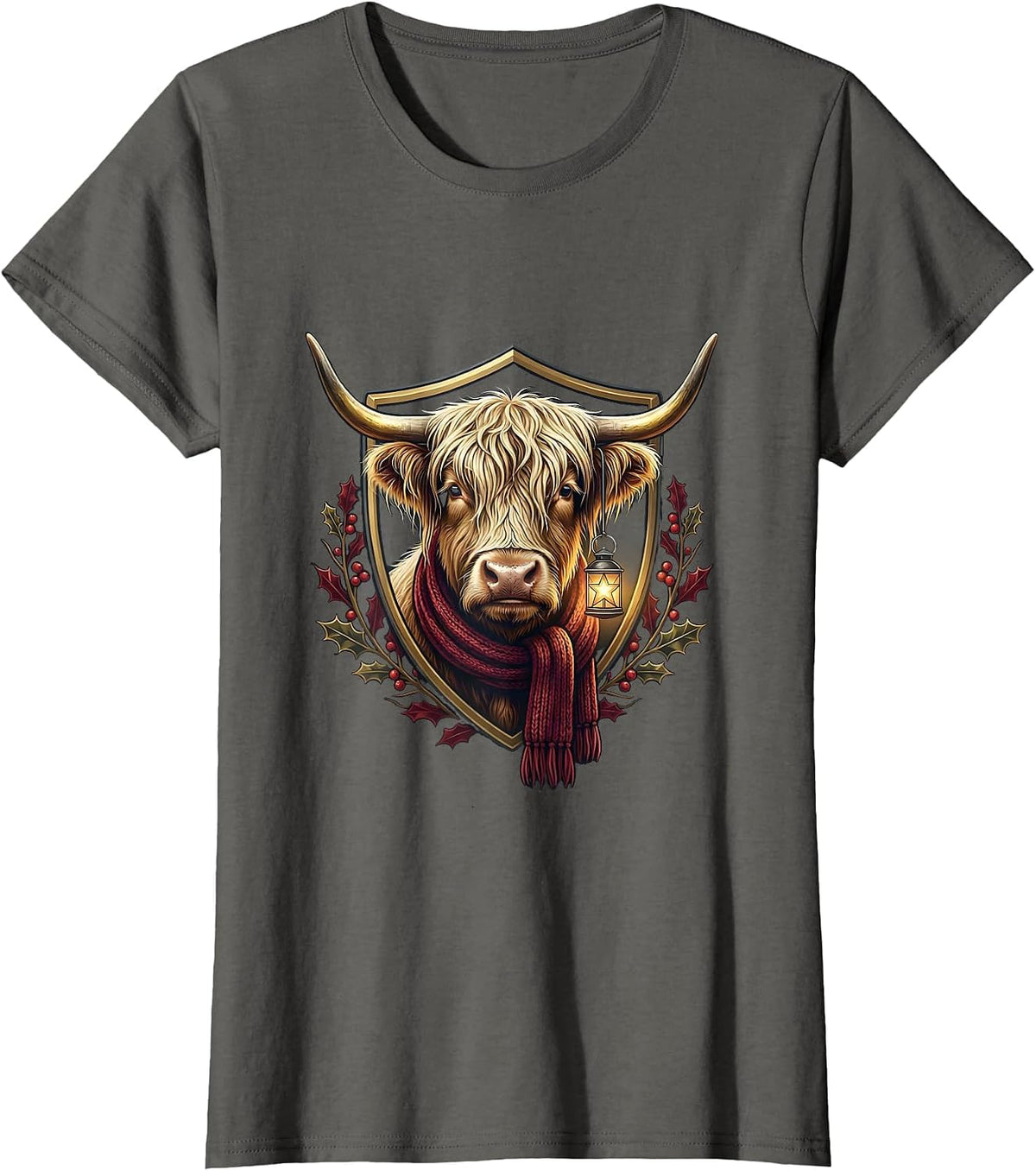 Women's Scottish Highland Cow Cozy Scarf Christmas Emblem T-Shirt - Asphalt Grey