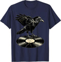 Crow on Cracked Vinyl Record Rock Music Graphic T-Shirt - Navy Blue
