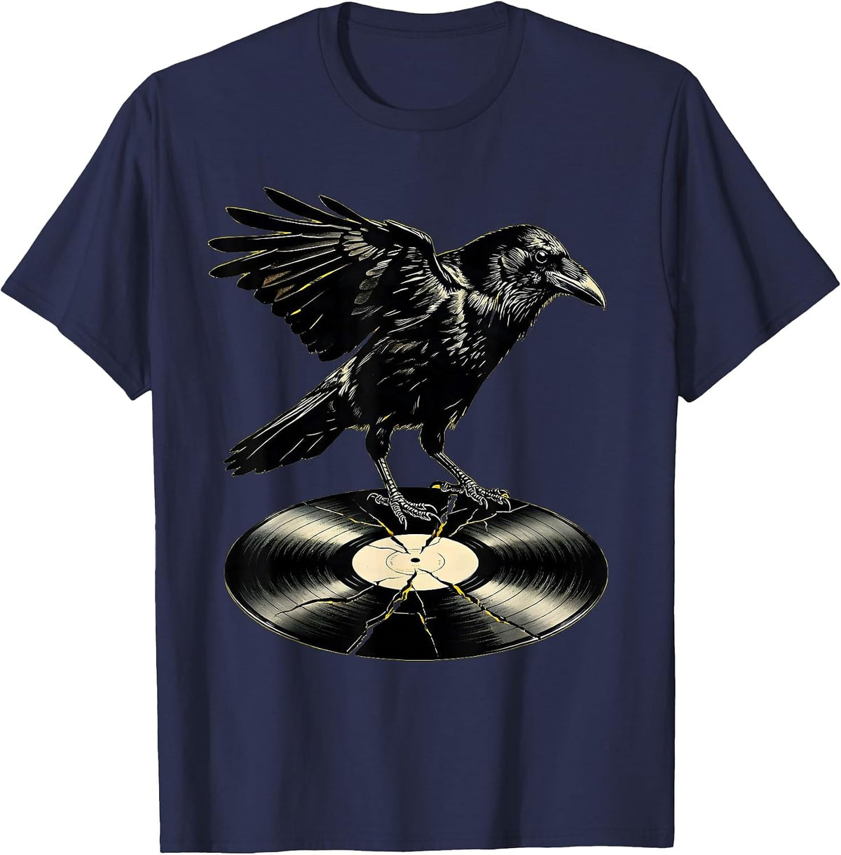 Crow on Cracked Vinyl Record Rock Music Graphic T-Shirt - Navy Blue