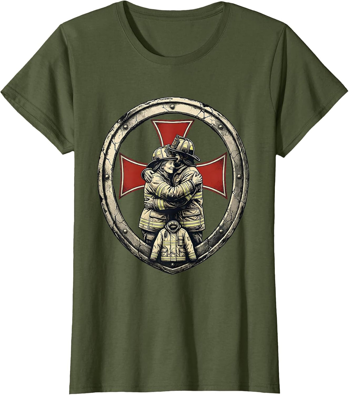 Women's Firefighter Parent Family Pride Distressed Thin Red Line T-Shirt - Olive Green