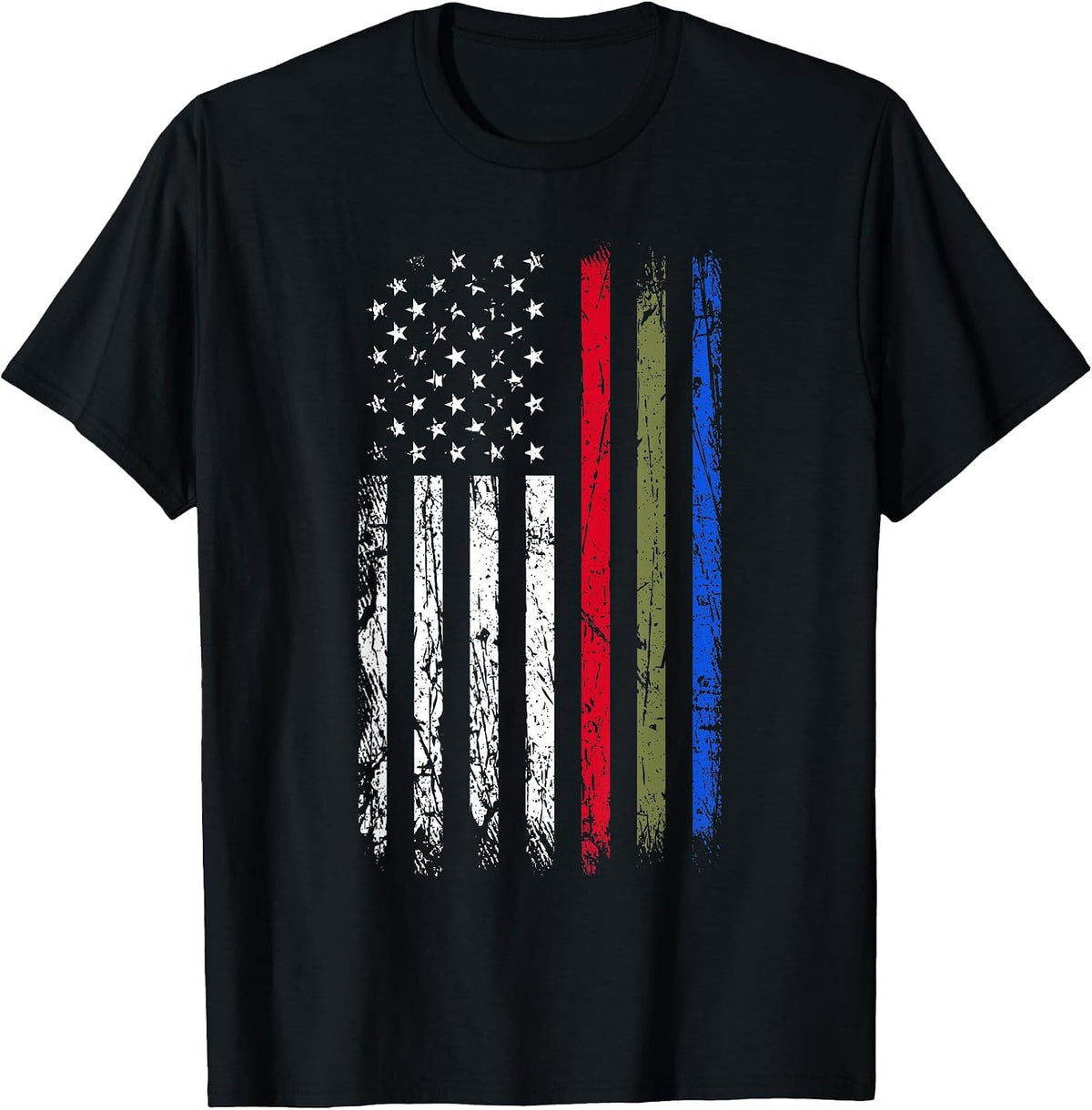 Thin Red Green Blue Line Flag Police Firefighters Military T-Shirt - Black