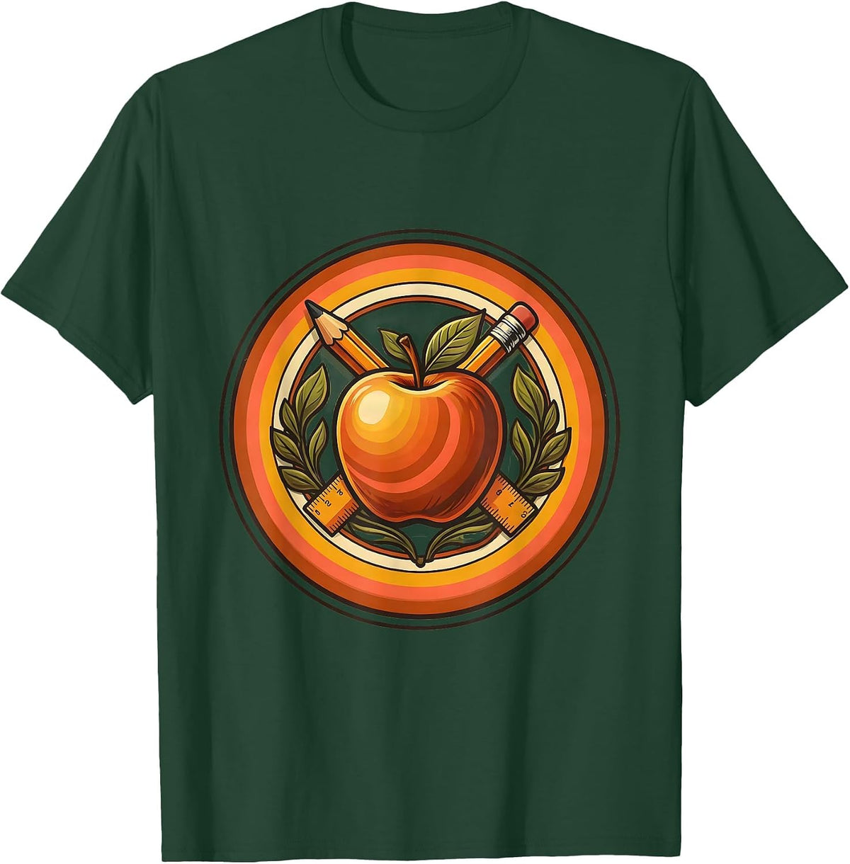 Men's Elementary Teacher Apple Pencil Ruler Graphic T-Shirt - Dark Green