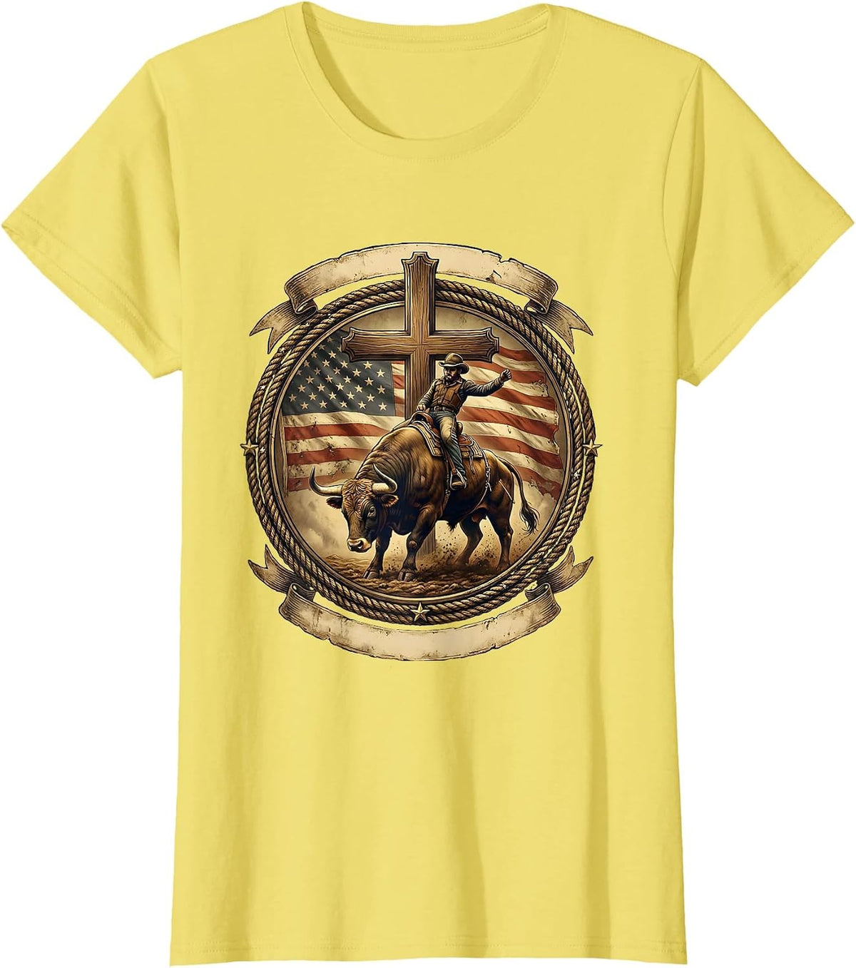 Women's Rodeo Bull Riding Graphic - USA Cowboy Bucking T-Shirt - Lemon Yellow
