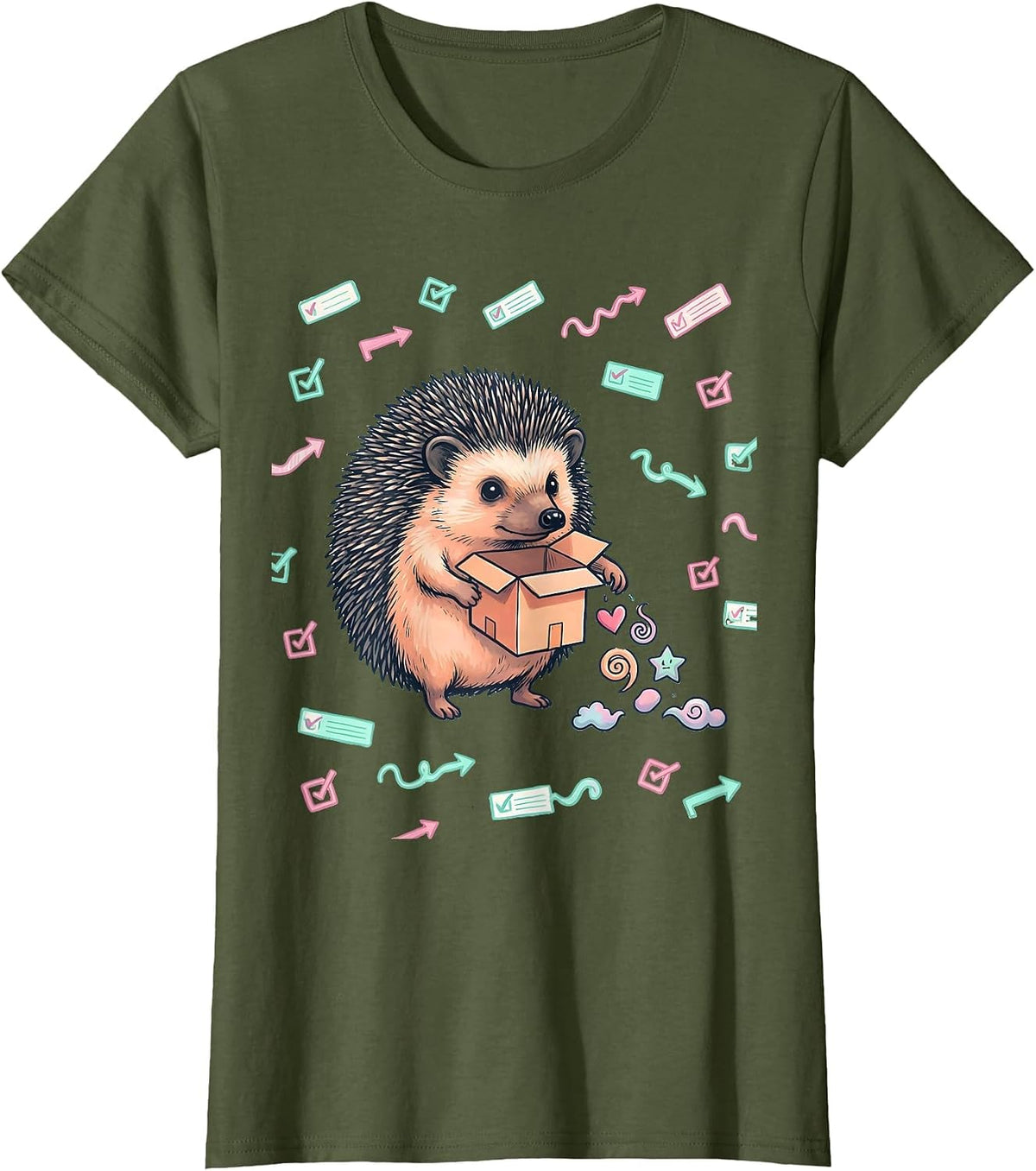 Women's Round Hedgehog Party Favor Box Kawaii Doodle Valentine T-Shirt - Olive Green