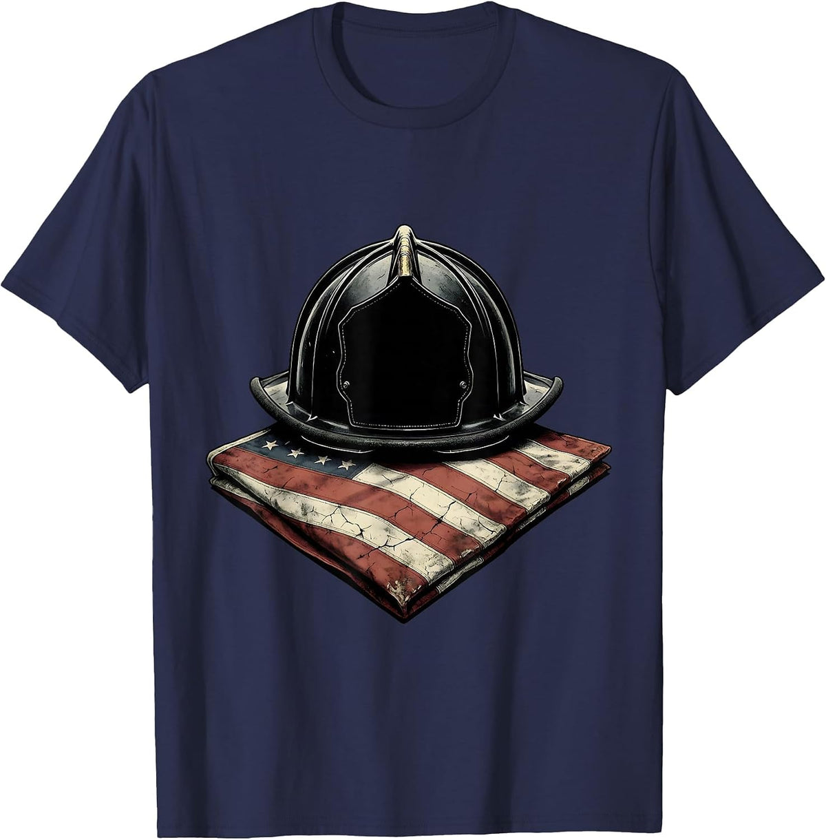 Sept 11 Memorial Firefighter Helmet Folded Flag T-Shirt - Navy Blue