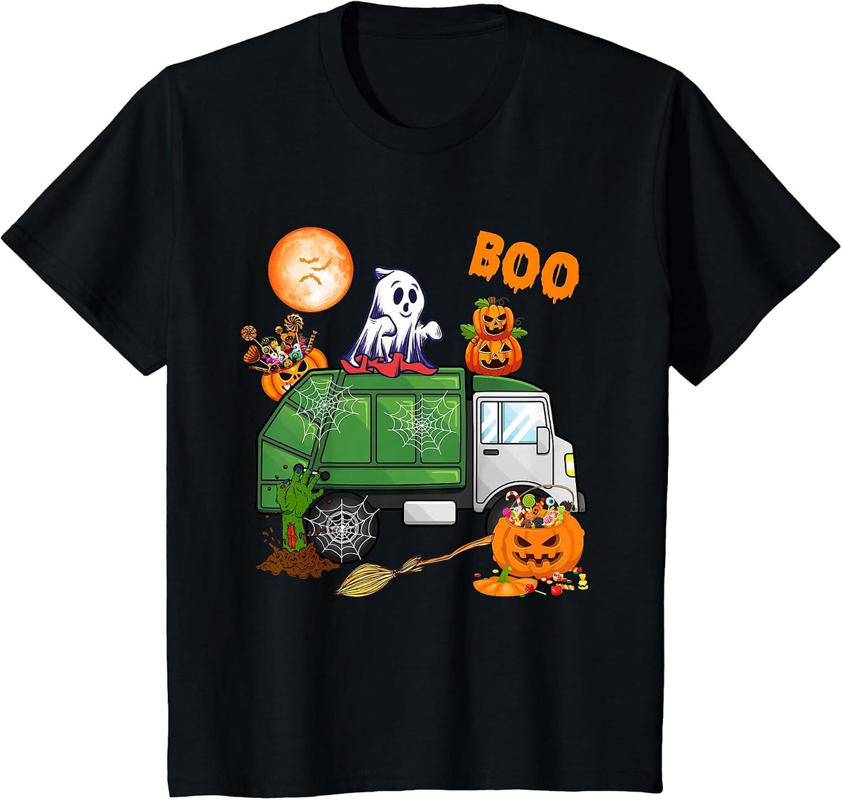 Ghost Driving Garbage Truck with Candy Bag Carved Pumpkin T-Shirt - Black