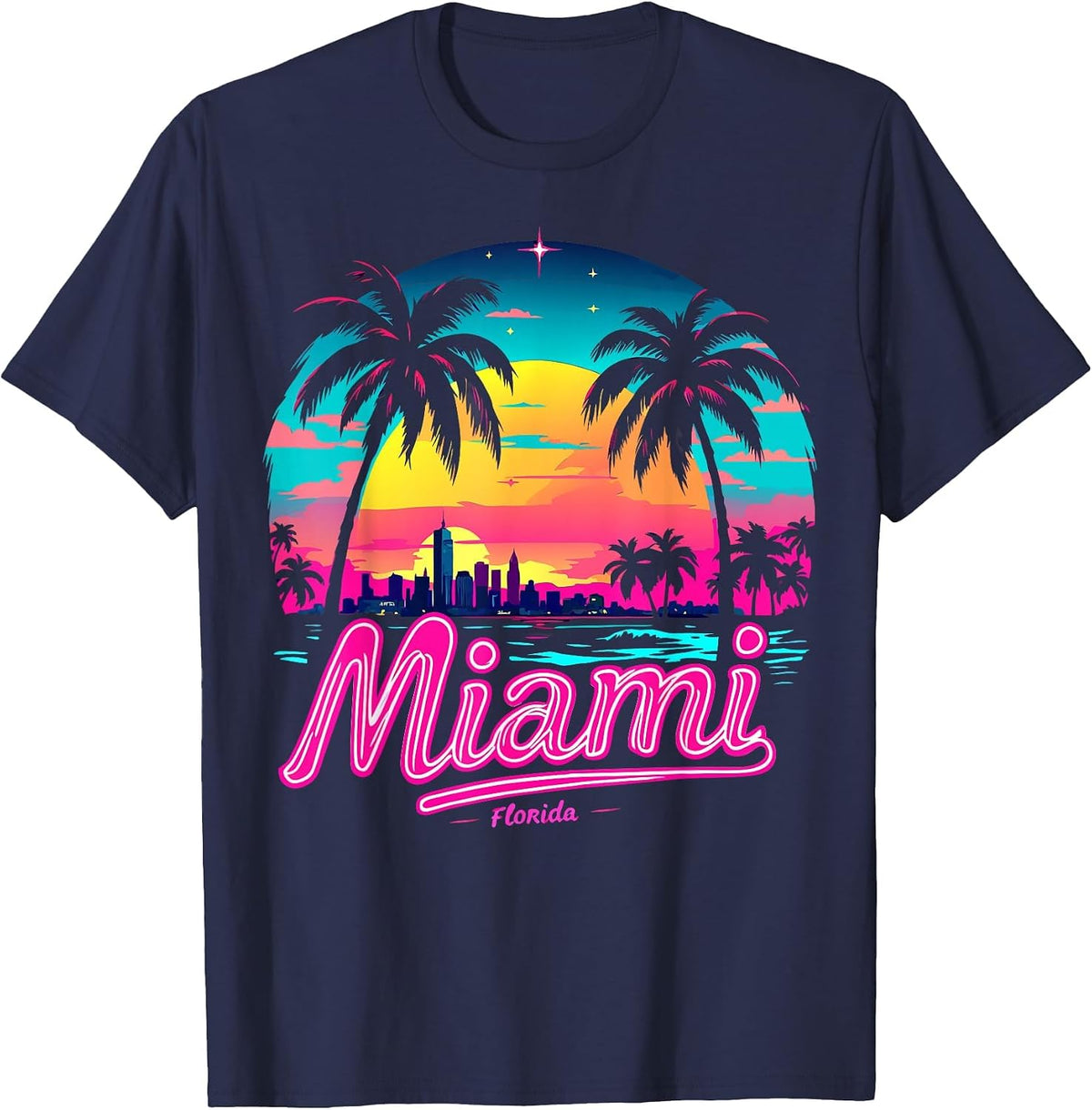 Vintage Miami Beach – Retro 305 Florida Sunset Graphic T-Shirt - Navy Blue
