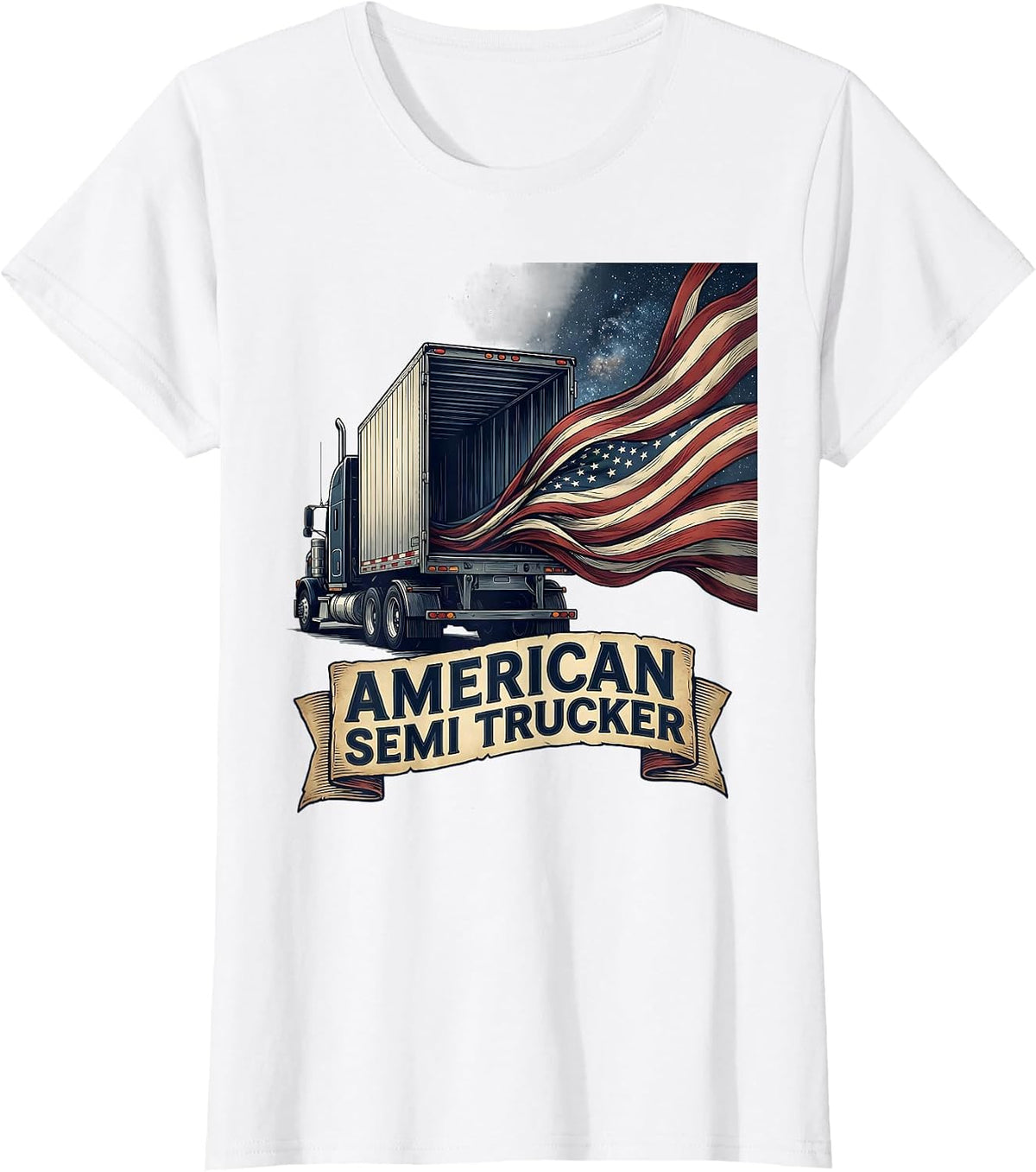 Women's American Semi Trucker Patriotic Truck Driver Flag Pride T-Shirt - White