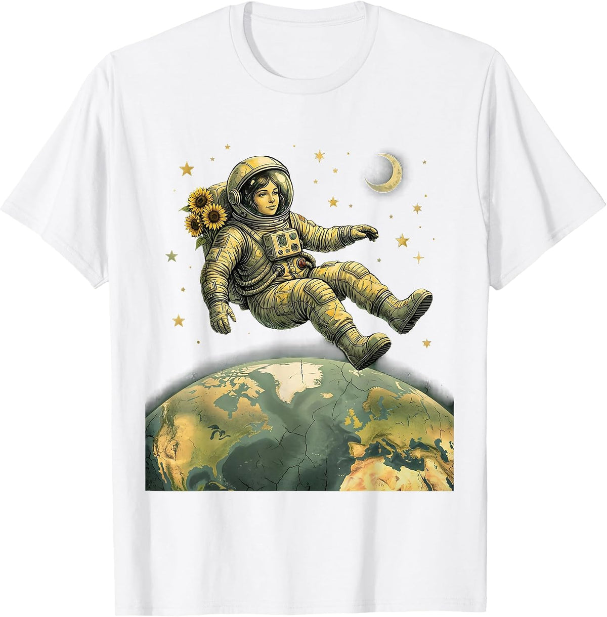 Astronaut Floating Above Earth Space Art T-Shirt - White