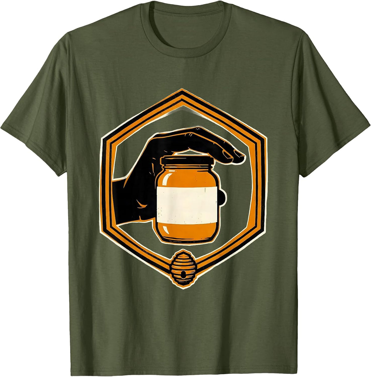 Men's Honey Jar Badge Screenprint Poster Beekeeper Market Stall T-Shirt - Olive Green