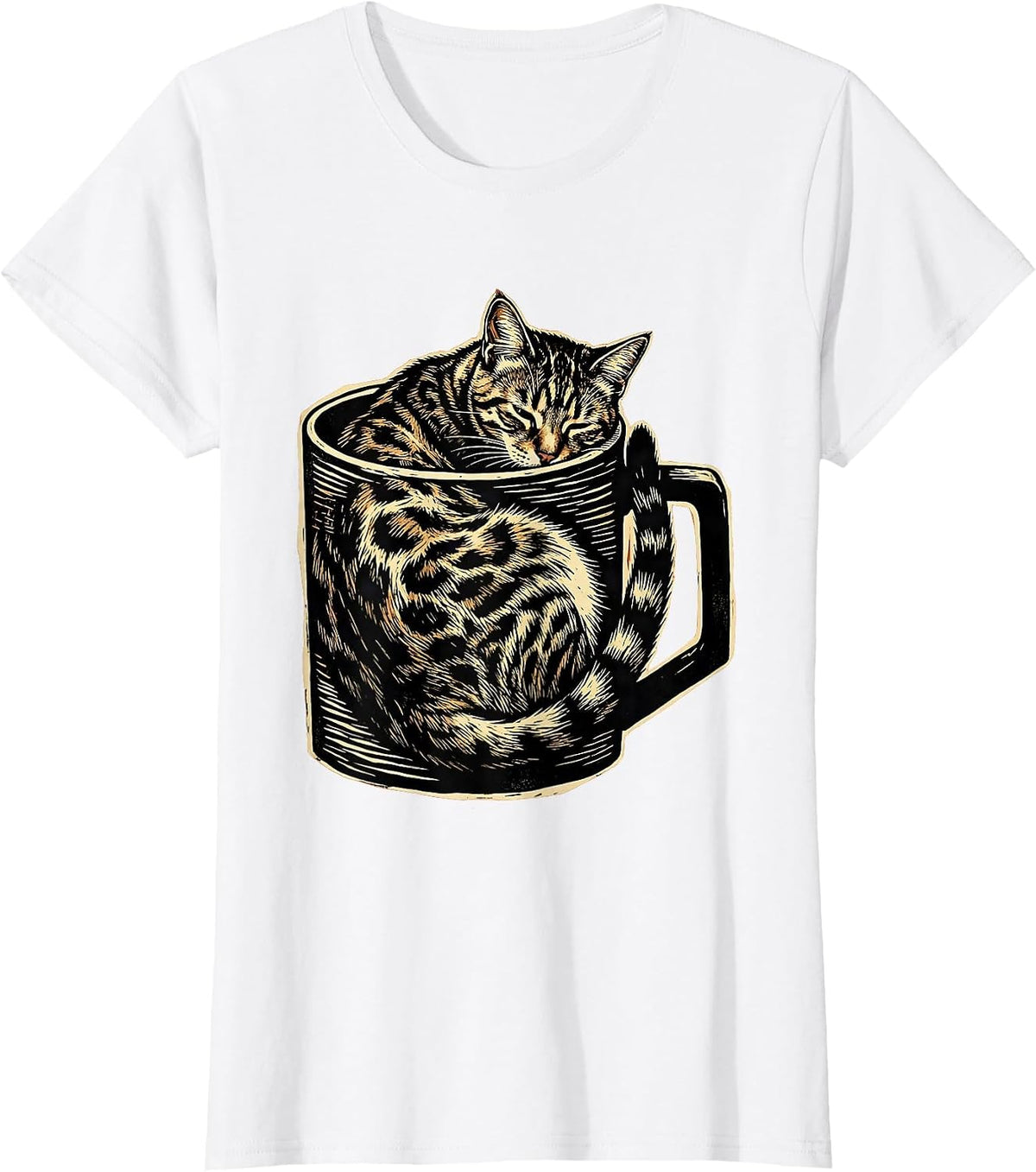 Women's Bengal Cat Curled in Coffee Mug Cute Cozy Design T-Shirt - White