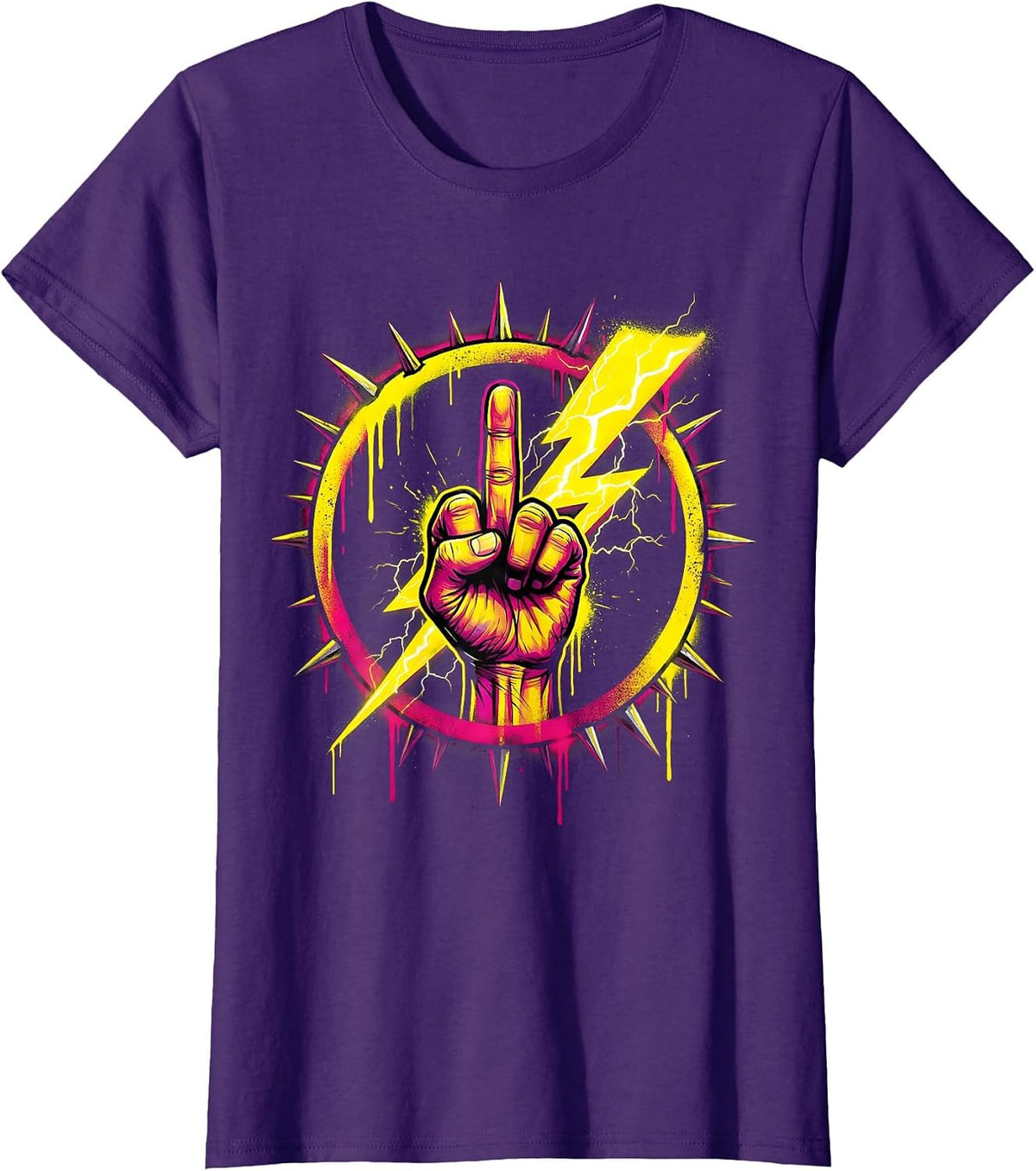 Women's Middle Finger Lightning Bolt Graphic Design T-Shirt - Purple