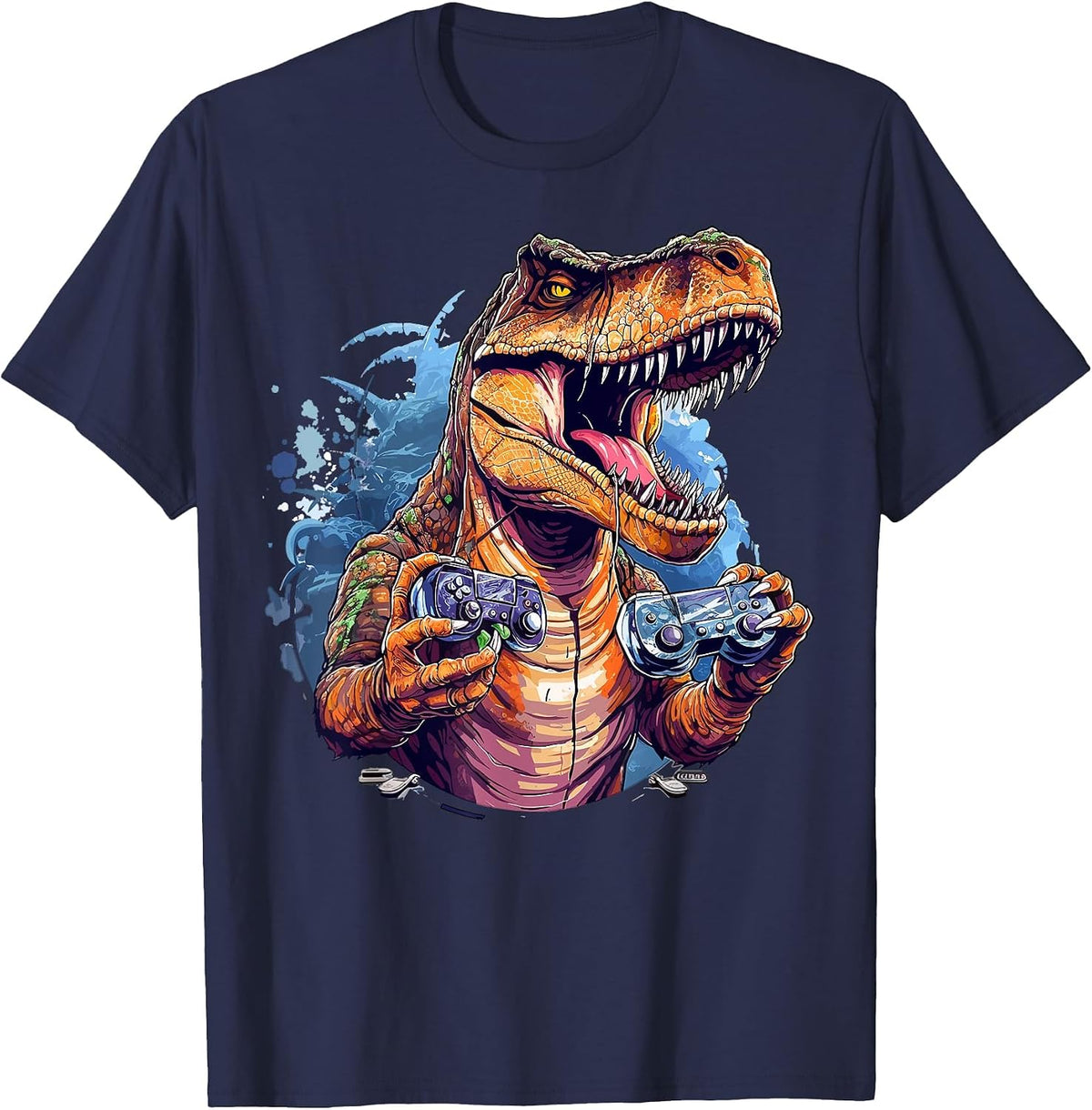 Gamer Dinosaur T Rex Aesthetic Dinosaur Playing Video Game T-Shirt - Navy Blue