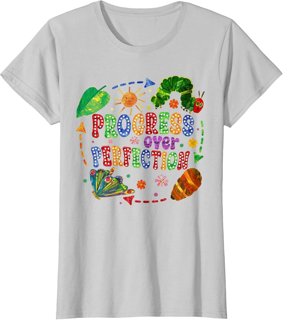 Progress Over Perfection Caterpillar Back to School Teachers T-Shirt - Silver Grey