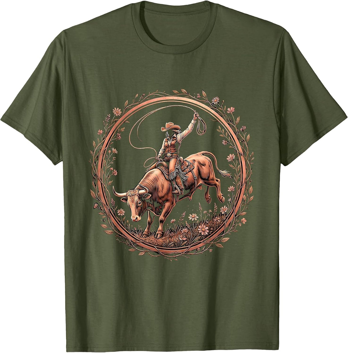 Cowgirl Bull Riding Rodeo Arena Graphic T-Shirt - Olive Green