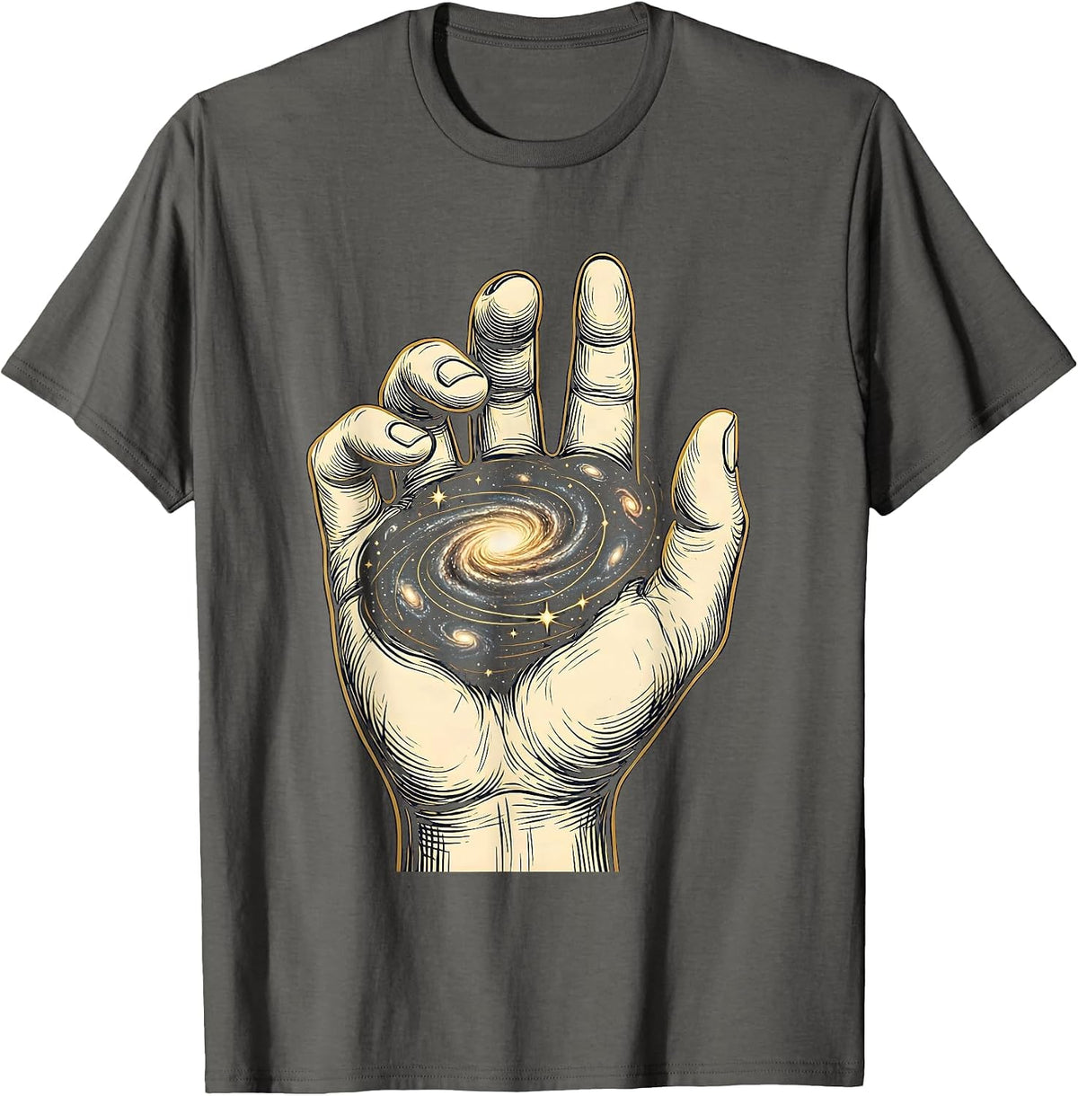 Men's Cosmos in Hand Universe Swirling Galaxy Design T-Shirt - Asphalt Grey