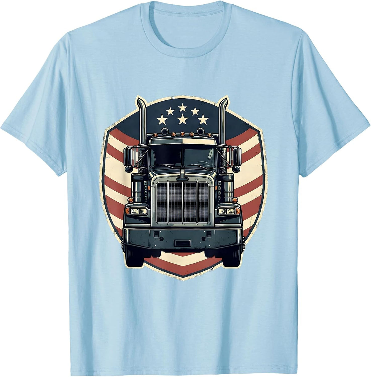 Men's Semi Truck Crest American Flag Patriotic Driver T-Shirt - Baby Blue