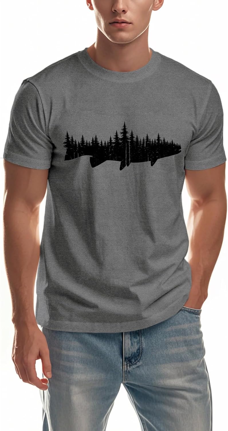 Mens Fishing Shirt Forest Trout Outdoor Fishing Camping Casual Tee - Grey2