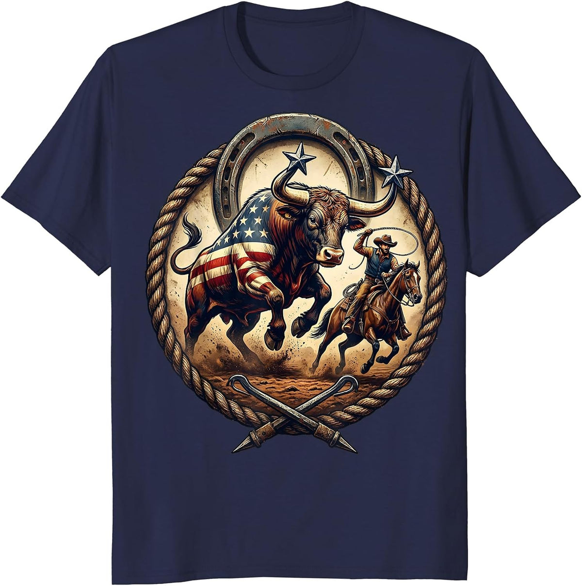 Bull Riding Rodeo Cowboy Graphic Tee T-Shirt - Navy Blue