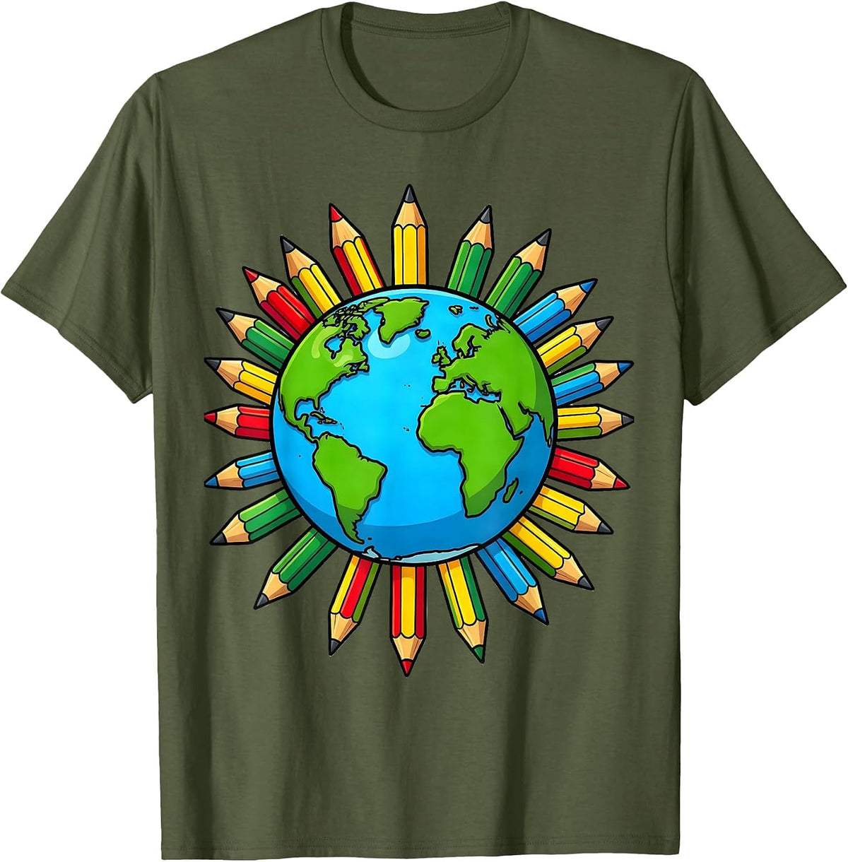 Men's 4th Grade Teacher Globe Colorful Pencils Design T-Shirt - Olive Green