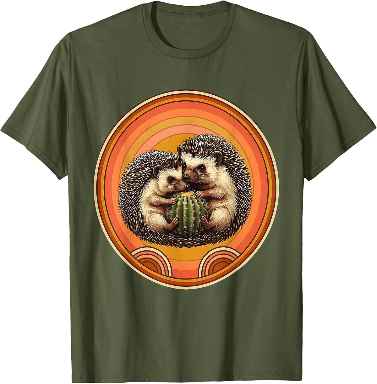 Hedgehog Hugging Cactus Funny Free Hugs Design T-Shirt - Olive Green