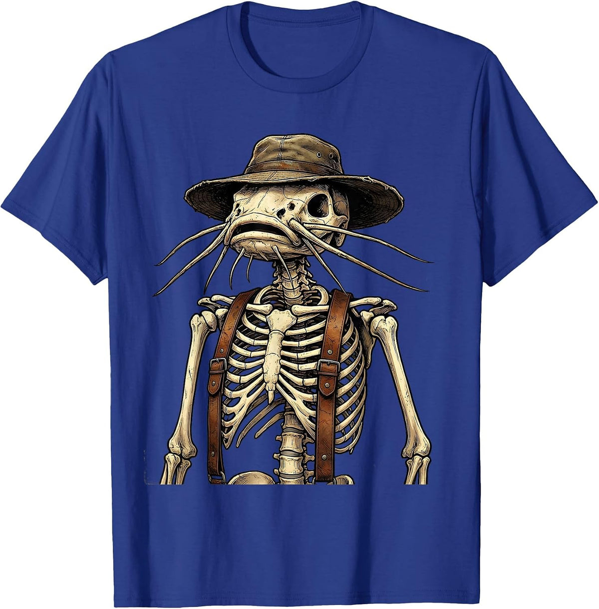 Catfish Skeleton Fisherman Suspenders Graphic T-Shirt - Royal Blue